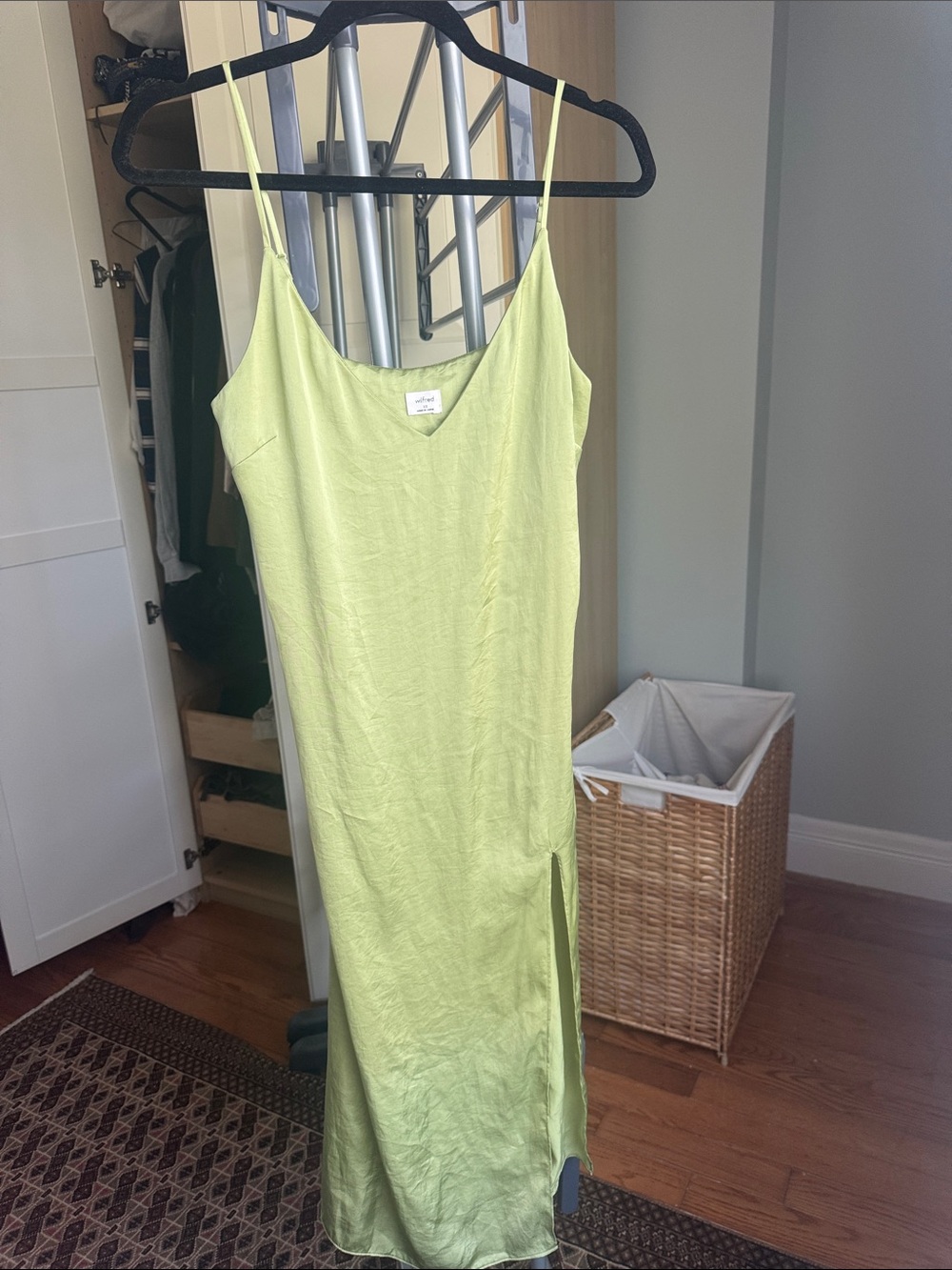 Pistachio Green Satin Slip Dress with Side Slit